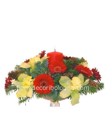 Centrotavola con candela toni bianco rosso