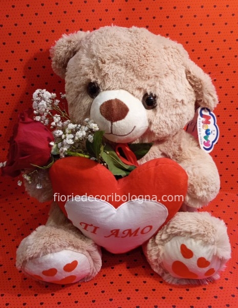 Orsetto peluche con cuore e  rosa rossa 37 cm circa